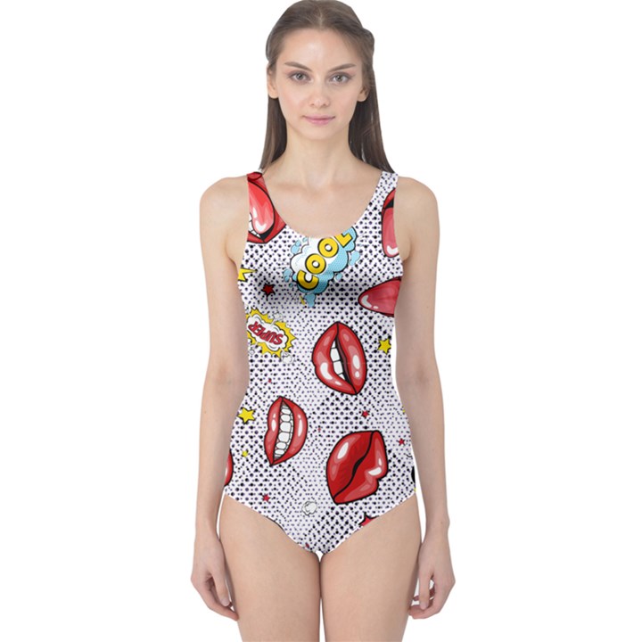 Gray & Black Lips POP ART One Piece Swimsuit