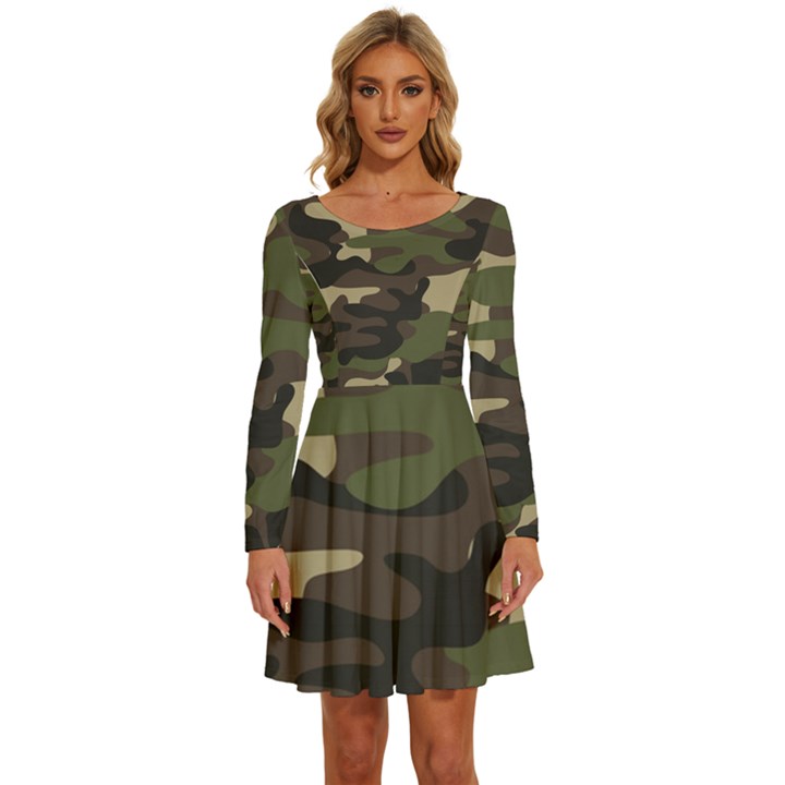 Texture Military Camouflage Repeats Seamless Army Green Hunting Long Sleeve Wide Neck Velvet Dress