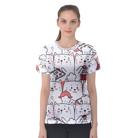 Cute Cat Chef Cooking Seamless Pattern Cartoon Women s Sport Mesh T-shirt by Bedest