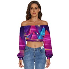 Egyptian Pyramids Night Landscape Cartoon Art Long Sleeve Crinkled Weave Crop Top by Bedest