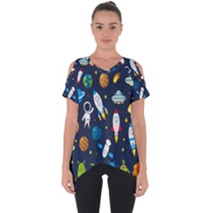 Big Set Cute Astronauts Space Planets Stars Aliens Rockets Ufo Constellations Satellite Moon Rover V Cut Out Side Drop T-shirt by Bedest