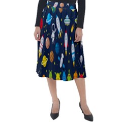 Big Set Cute Astronauts Space Planets Stars Aliens Rockets Ufo Constellations Satellite Moon Rover V Classic Velour Midi Skirt  by Bedest