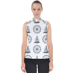 Marine Nautical Seamless Pattern With Vintage Lighthouse Wheel Mock Neck Shell Top by Bedest