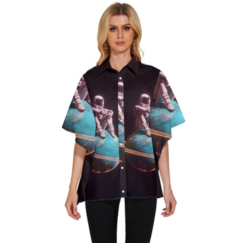 Stuck On Saturn Astronaut Planet Space Women s Batwing Button Up Shirt by Cendanart