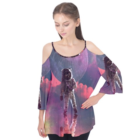 Aesthetic Astronautics Atmosphere Blue Clouds Cosmos Fantasy Galaxy Flutter Sleeve T-shirt  by Cendanart