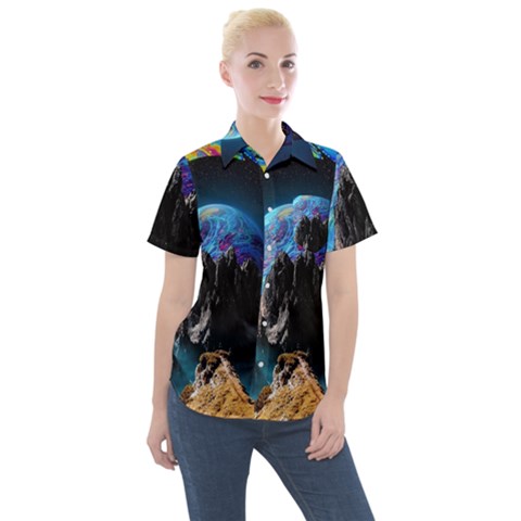 Aesthetic Psychedelic Drawings Art Acid Space Women s Short Sleeve Pocket Shirt by Cendanart