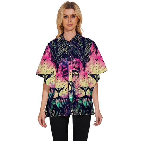 Psychedelic Lion Women s Batwing Button Up Shirt by Cendanart