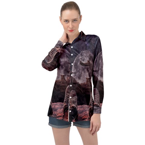 In The Cosmos Moon Sci-fi Space Sky Long Sleeve Satin Shirt by Cendanart