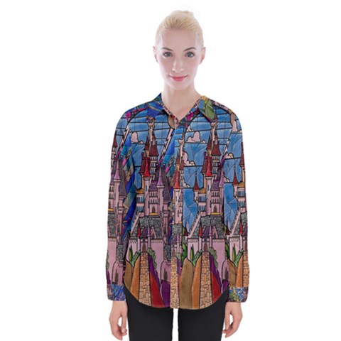 Castle Building Stained Glass Womens Long Sleeve Shirt by Cendanart