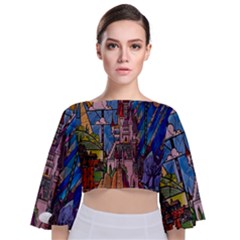 Castle Building Stained Glass Tie Back Butterfly Sleeve Chiffon Top by Cendanart