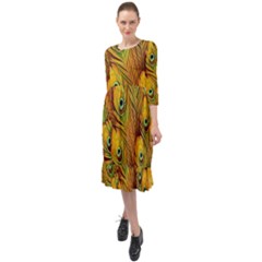 Peacock Feathers Green Yellow Ruffle End Midi Chiffon Dress by Bedest