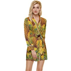 Peacock Feathers Green Yellow Long Sleeve Satin Robe by Bedest