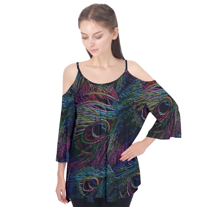 Peacock Feather Paradise Flutter Sleeve T-Shirt 