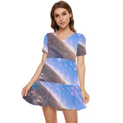 Earth Blue Galaxy Sky Space Tiered Short Sleeve Babydoll Dress by Cemarart