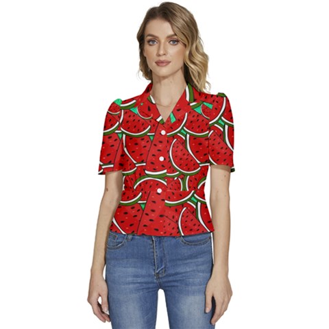 Summer Watermelon Fruit Puffed Short Sleeve Button Up Jacket by Cemarart