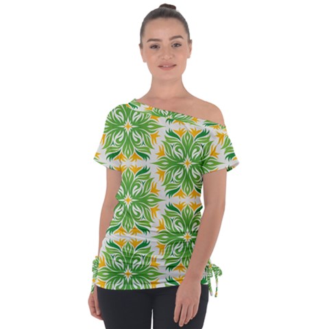 Green Pattern Retro Wallpaper Off Shoulder Tie-up T-shirt by Bajindul