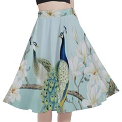 Couple Peacock Bird Spring White Blue Art Magnolia Fantasy Flower A-line Full Circle Midi Skirt With Pocket by Ndabl3x