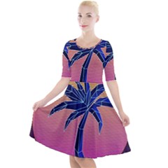 Abstract 3d Art Holiday Island Palm Tree Pink Purple Summer Sunset Water Quarter Sleeve A-line Dress by Cemarart