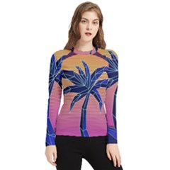 Abstract 3d Art Holiday Island Palm Tree Pink Purple Summer Sunset Water Women s Long Sleeve Rash Guard by Cemarart