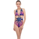 Abstract 3d Art Holiday Island Palm Tree Pink Purple Summer Sunset Water Halter Front Plunge Swimsuit View1