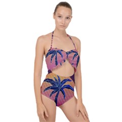 Abstract 3d Art Holiday Island Palm Tree Pink Purple Summer Sunset Water Scallop Top Cut Out Swimsuit by Cemarart