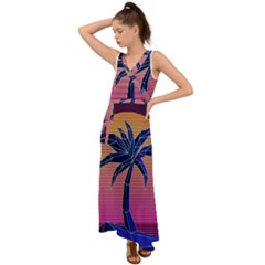 Abstract 3d Art Holiday Island Palm Tree Pink Purple Summer Sunset Water V-neck Chiffon Maxi Dress by Cemarart