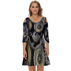 Abstract Style Gears Gold Silver Shoulder Cut Out Zip Up Dress by Cemarart