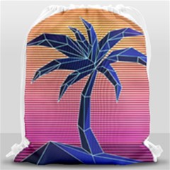 Abstract 3d Art Holiday Island Palm Tree Pink Purple Summer Sunset Water Drawstring Bag (large) by Cemarart