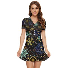 Gold Teal Snowflakes V-neck High Waist Chiffon Mini Dress by Grandong