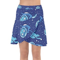 Cat Astronaut Space Suit Pattern Wrap Front Skirt by Cemarart