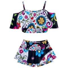 Sugar Skull Black Olorful Flower Kids  Off Shoulder Skirt Bikini by Cemarart