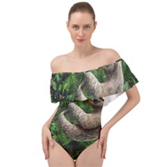 Sloth In Jungle Art Animal Fantasy Off Shoulder Velour Bodysuit  by Cemarart