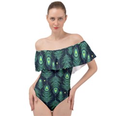 Peacock Pattern Off Shoulder Velour Bodysuit  by Cemarart