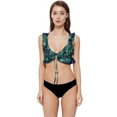 Peacock Pattern Low Cut Ruffle Edge Bikini Top by Cemarart