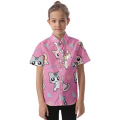 Cute Animal Little Cat Seamless Pattern Kids  Short Sleeve Shirt by Cemarart