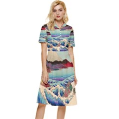 Wave Japanese Mount Fuji Button Top Knee Length Dress by Grandong