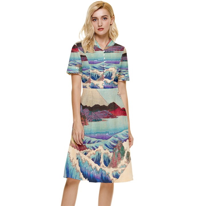 Wave Japanese Mount Fuji Button Top Knee Length Dress