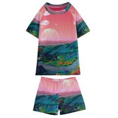 Unicorn Valley Aesthetic Clouds Landscape Mountain Nature Pop Art Surrealism Retrowave Kids  Swim T-shirt And Shorts Set by Cemarart