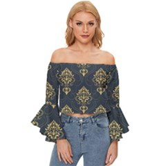 Floral Damask Pattern Texture, Damask Retro Background Off Shoulder Flutter Bell Sleeve Top by nateshop