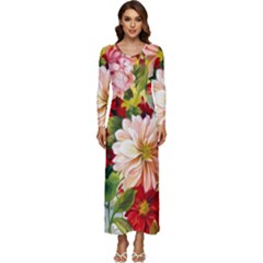 Painted Flowers Texture, Floral Background Long Sleeve Longline Maxi Dress by nateshop