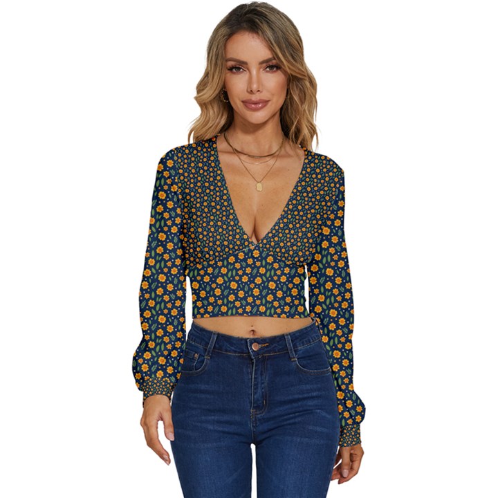 Flower Long Sleeve Deep-V Velour Top