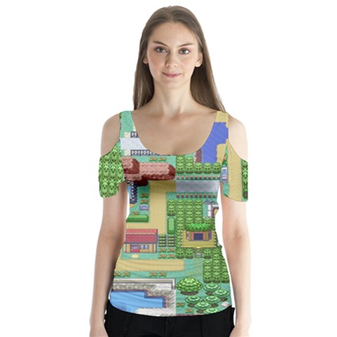 Pixel Map Game Butterfly Sleeve Cutout T-shirt  by Cemarart