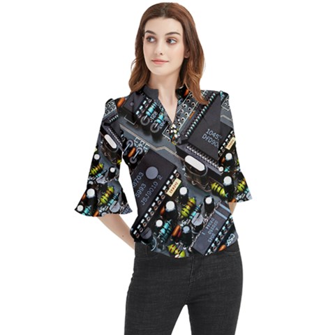 Motherboard Board Circuit Electronic Technology Loose Horn Sleeve Chiffon Blouse by Cemarart