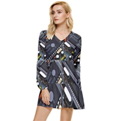 Motherboard Board Circuit Electronic Technology Tiered Long Sleeve Mini Dress by Cemarart