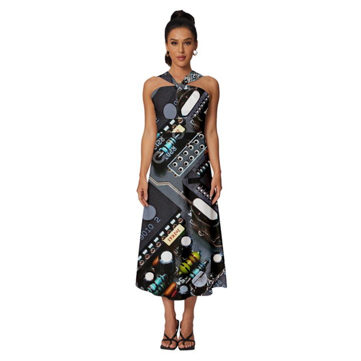 Motherboard Board Circuit Electronic Technology Sleeveless Cross Front Cocktail Midi Chiffon Dress