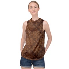 Brown Floral Pattern Floral Vintage Pattern, Brown Vintage High Neck Satin Top by nateshop