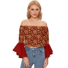 Vintage Dragon Chinese Red Amber Off Shoulder Flutter Bell Sleeve Top by DimSum