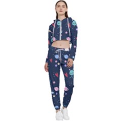 Cute Astronaut Cat With Star Galaxy Elements Seamless Pattern Cropped Zip Up Lounge Set by Grandong