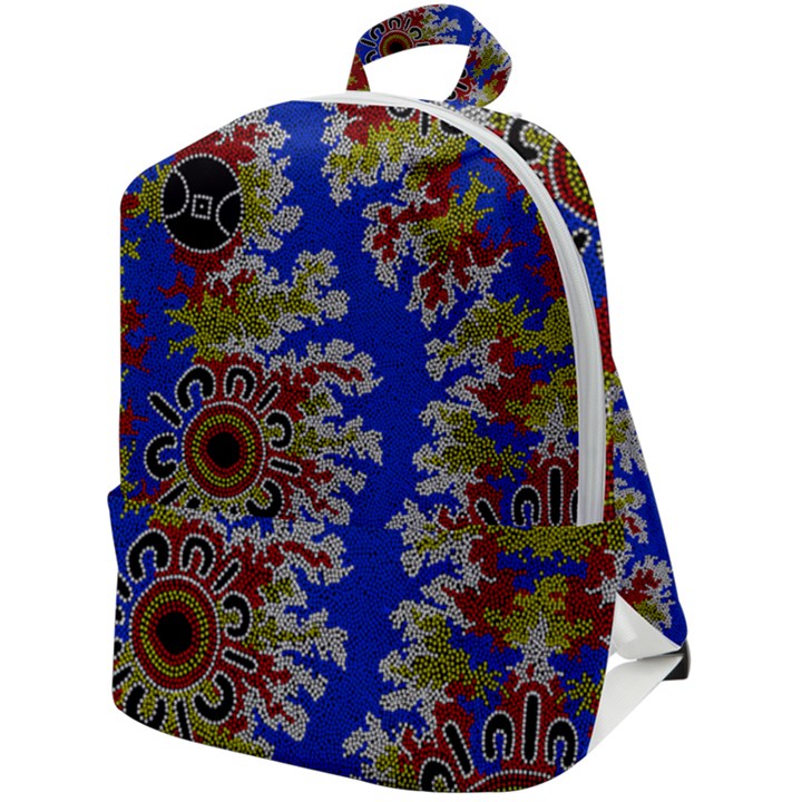 Authentic Aboriginal Art - Waterholes (Corella) Zip Up Backpack