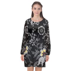 Black Background With Gray Flowers, Floral Black Texture Long Sleeve Chiffon Shift Dress  by nateshop